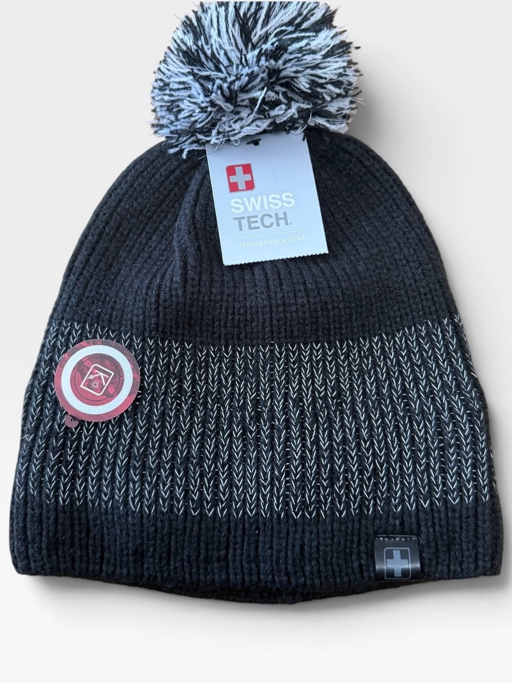 Swiss Tech Men's Pom Beanie in Black and Gray